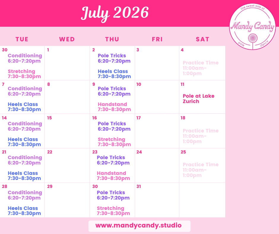 July class schedule Mandy Candy's Pole Dance Studio