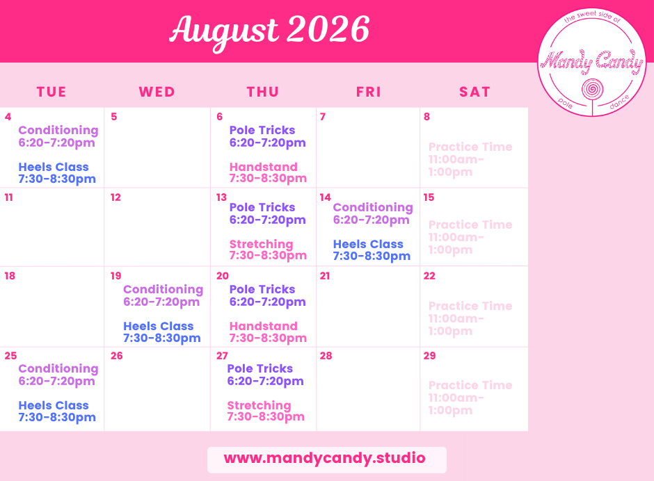 August class schedule Mandy Candy's Pole Dance Studio