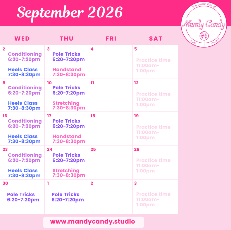 September class schedule Mandy Candy's Pole Dance Studio