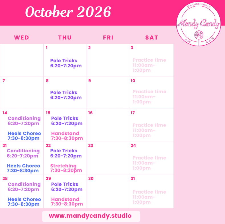 October class schedule 2026 Mandy Candy's Pole Dance Studio