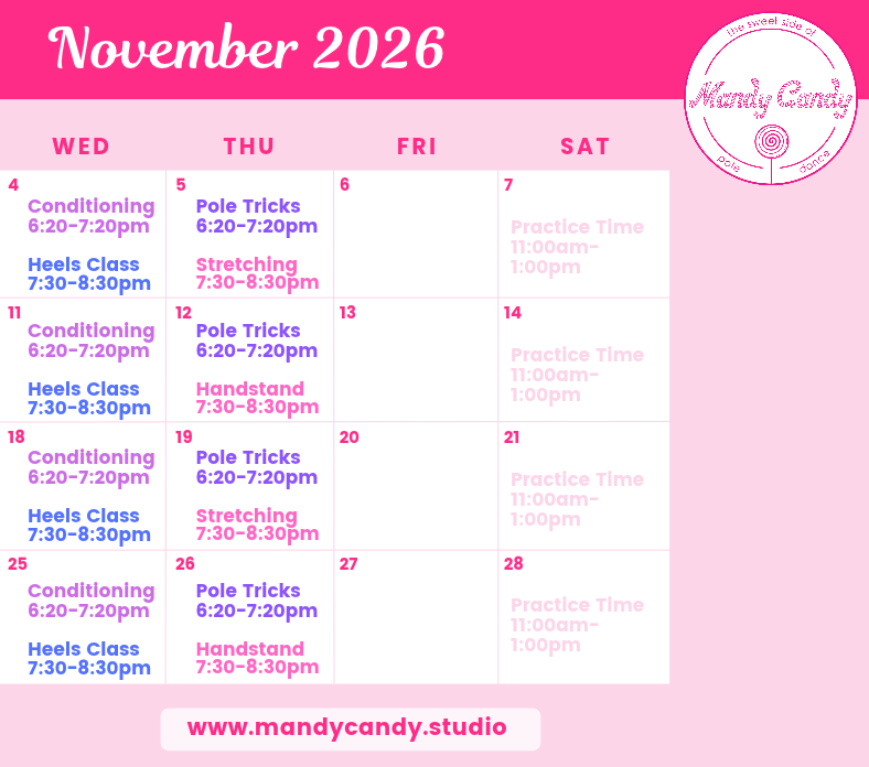 November class schedule Mandy Candy's Pole Dance Studio